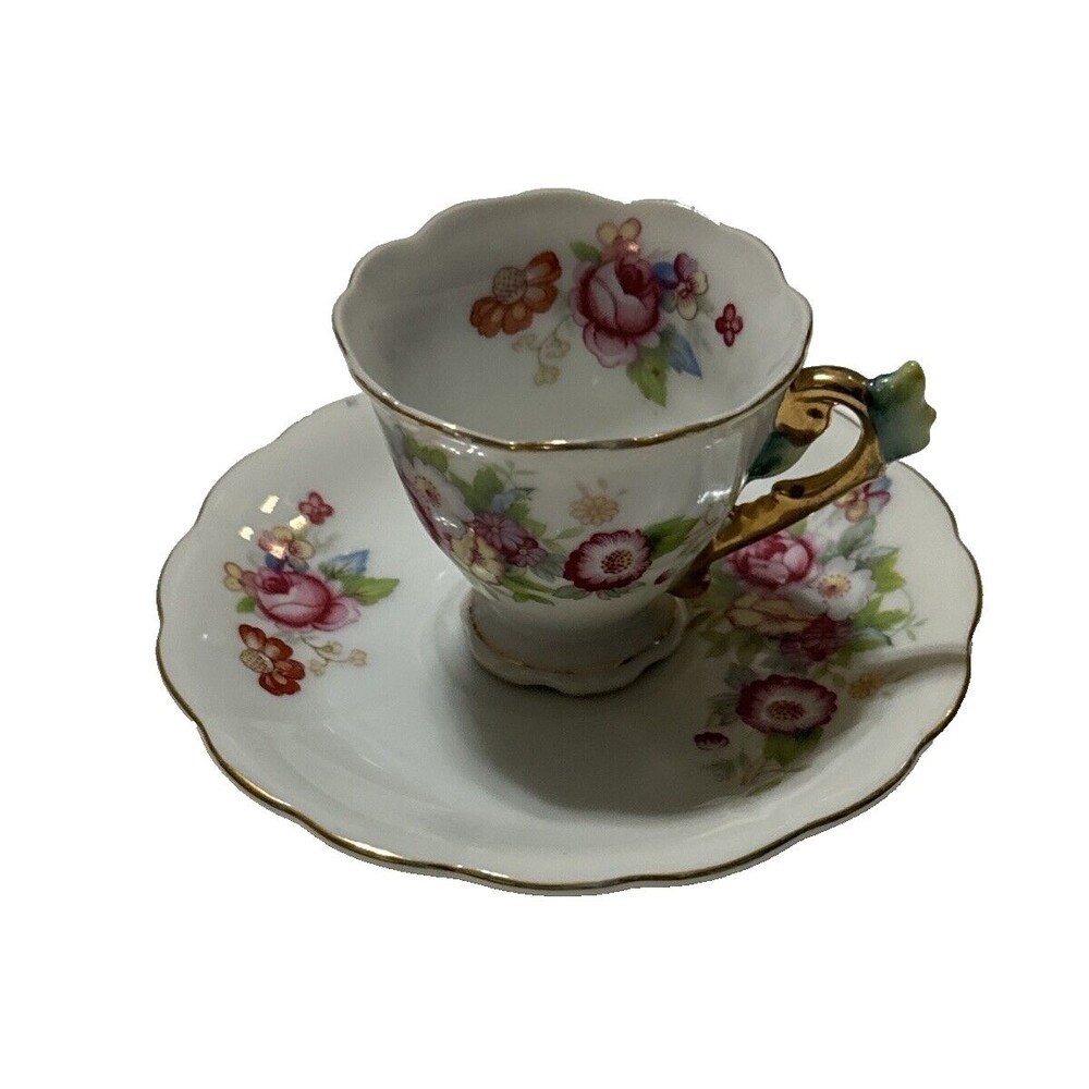 Rare Tea Cup and Saucer Set w/ Pink Flowers Golden Trim Made In Japan VTG